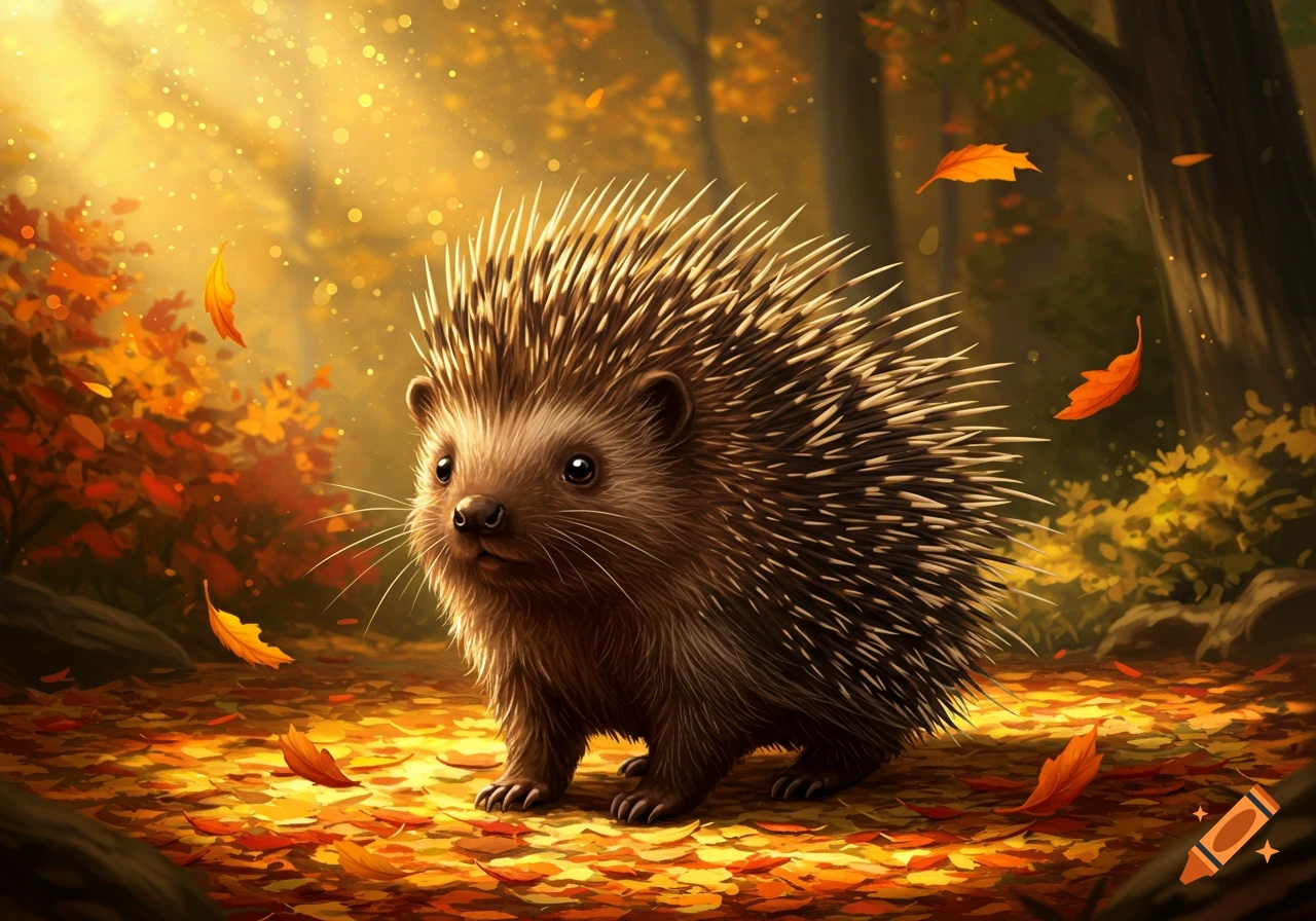 A detailed illustration of a hedgehog-porcupine hybrid standing on fallen autumn leaves in a golden forest.