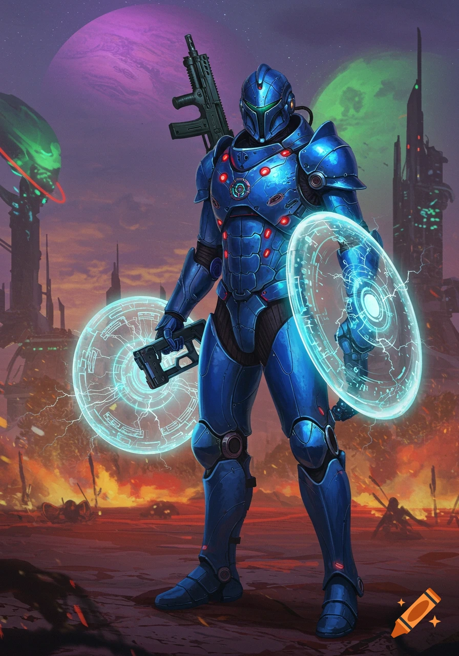 A futuristic knight in blue armor stands with glowing energy shields and a rifle against a sci-fi cityscape and alien planets.
