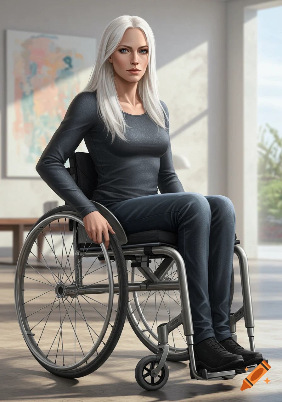 A photorealistic image of a woman with long platinum blonde hair and gray-blue eyes sitting in a wheelchair indoors.
