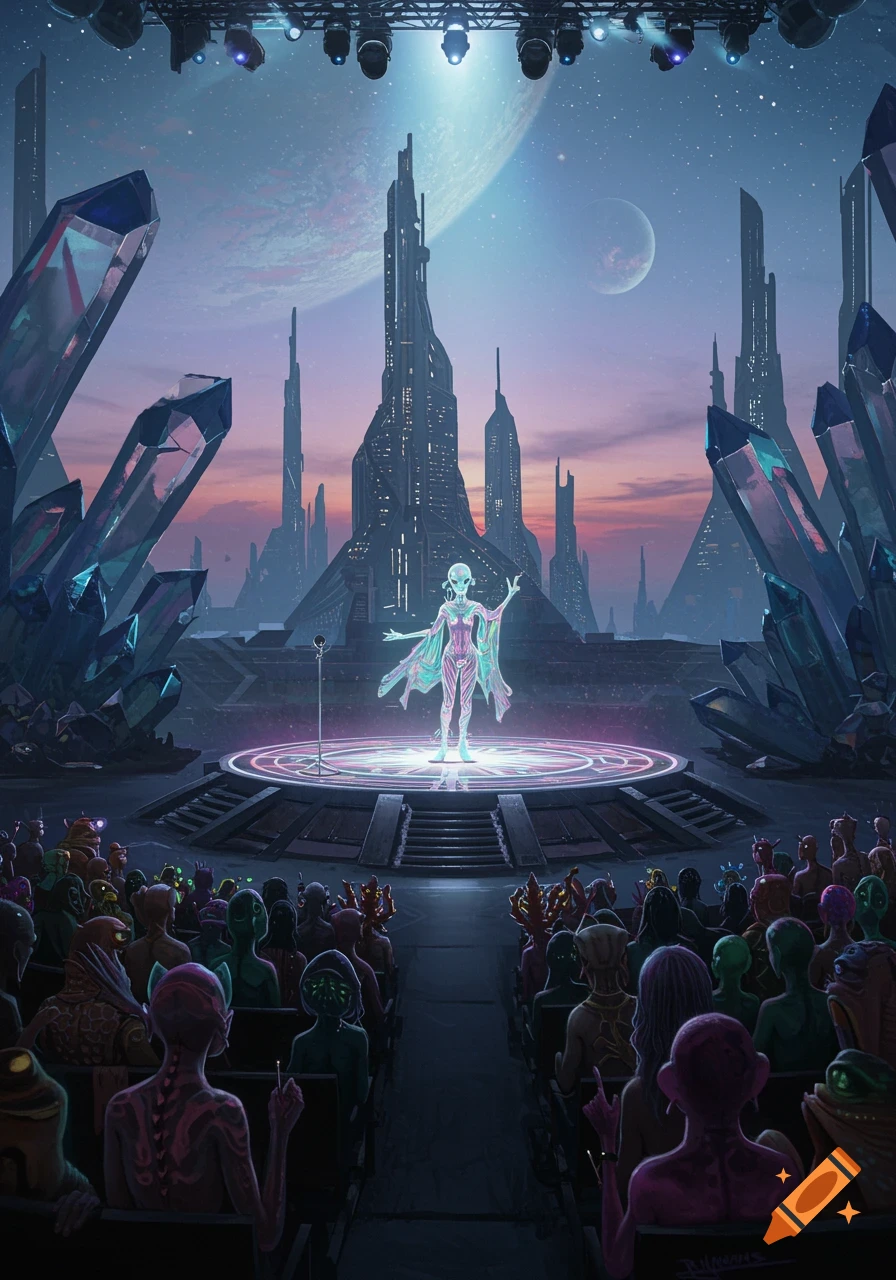 An alien performs on a glowing stage for an alien audience in a futuristic city with large crystals and planets in the twilight sky.