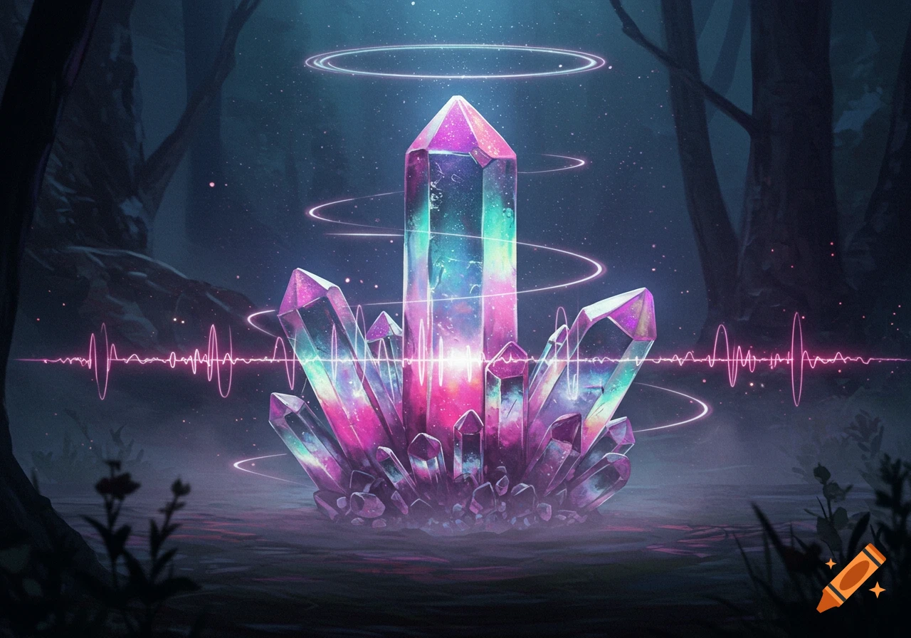 A vibrant, multi-colored crystal glows brightly in a dark forest, surrounded by smaller crystals, rings of light, and a glowing sound wave graphic.