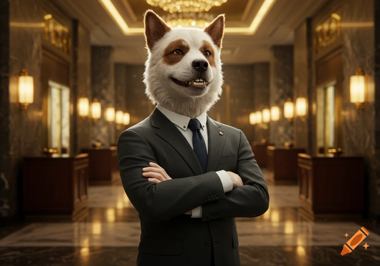 A photorealistic anthropomorphic dog in a business suit stands in a luxurious hall with golden accents.
