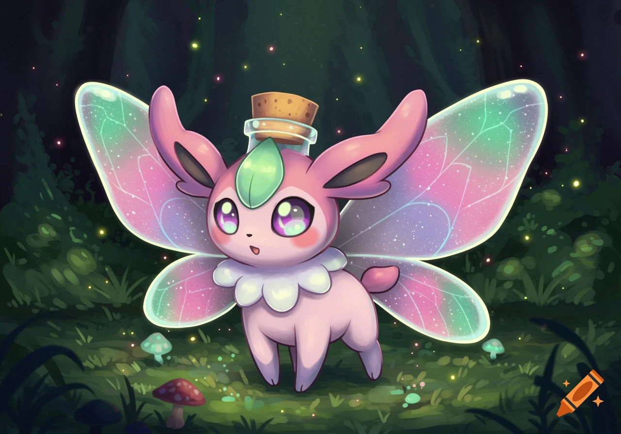 A cute, pink, fairy-like creature with glowing, colorful wings and a bottle on its back stands in an enchanting dark forest with fireflies.