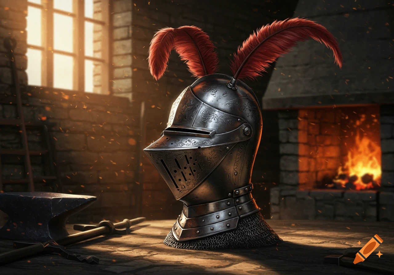 A detailed, photorealistic knight's helmet with red plumes rests in a dimly lit forge with an anvil and glowing fireplace.