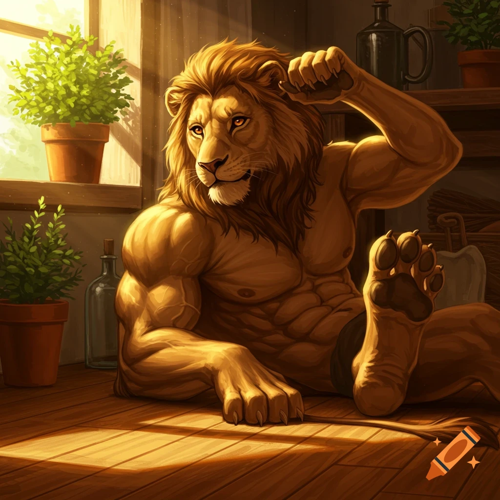 A muscular anthropomorphic lion lounges on a sunlit wooden floor indoors, with potted plants and a raised paw.