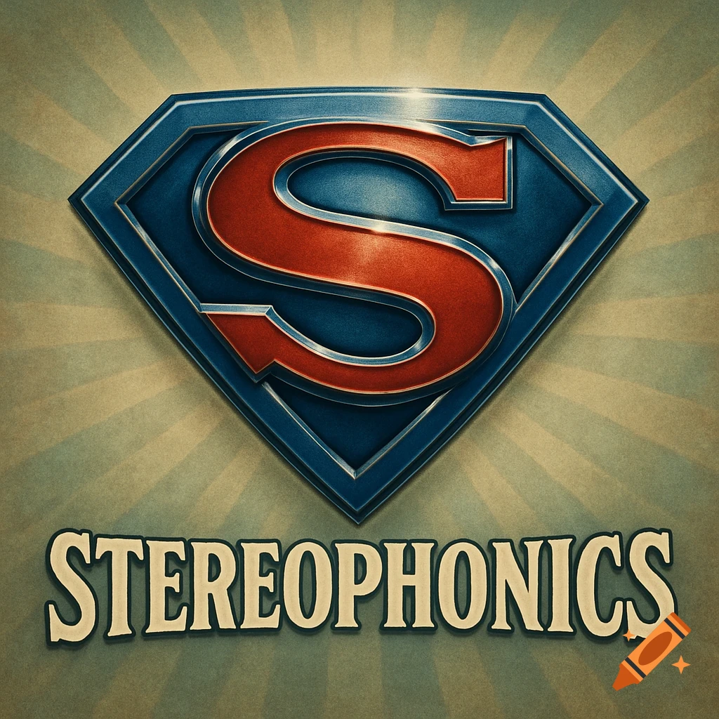 A vintage-style logo featuring a blue and red shield with a large 'S' inside, similar to Superman's emblem, above the word 'STEREOPHONICS'.