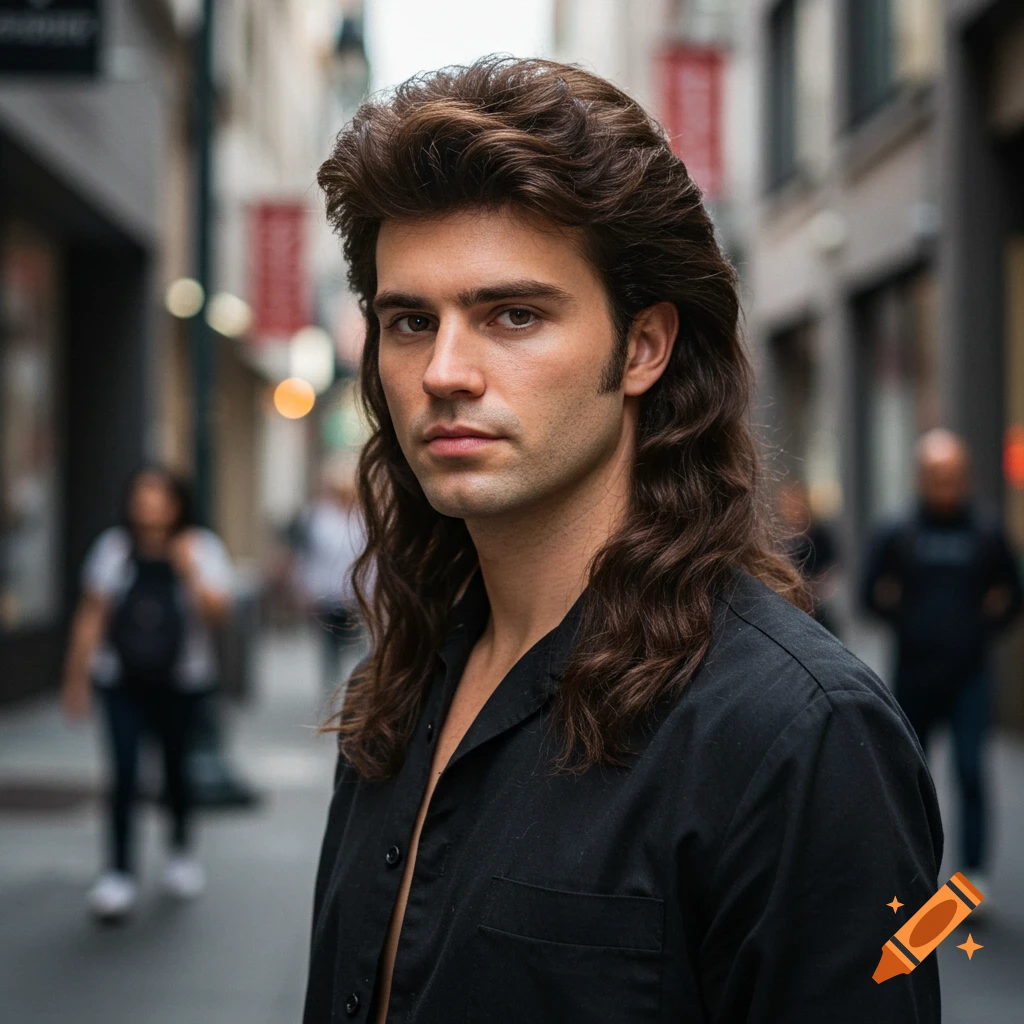 A man with a large mullet haircut and a black shirt stares directly at the camera on a city street.
