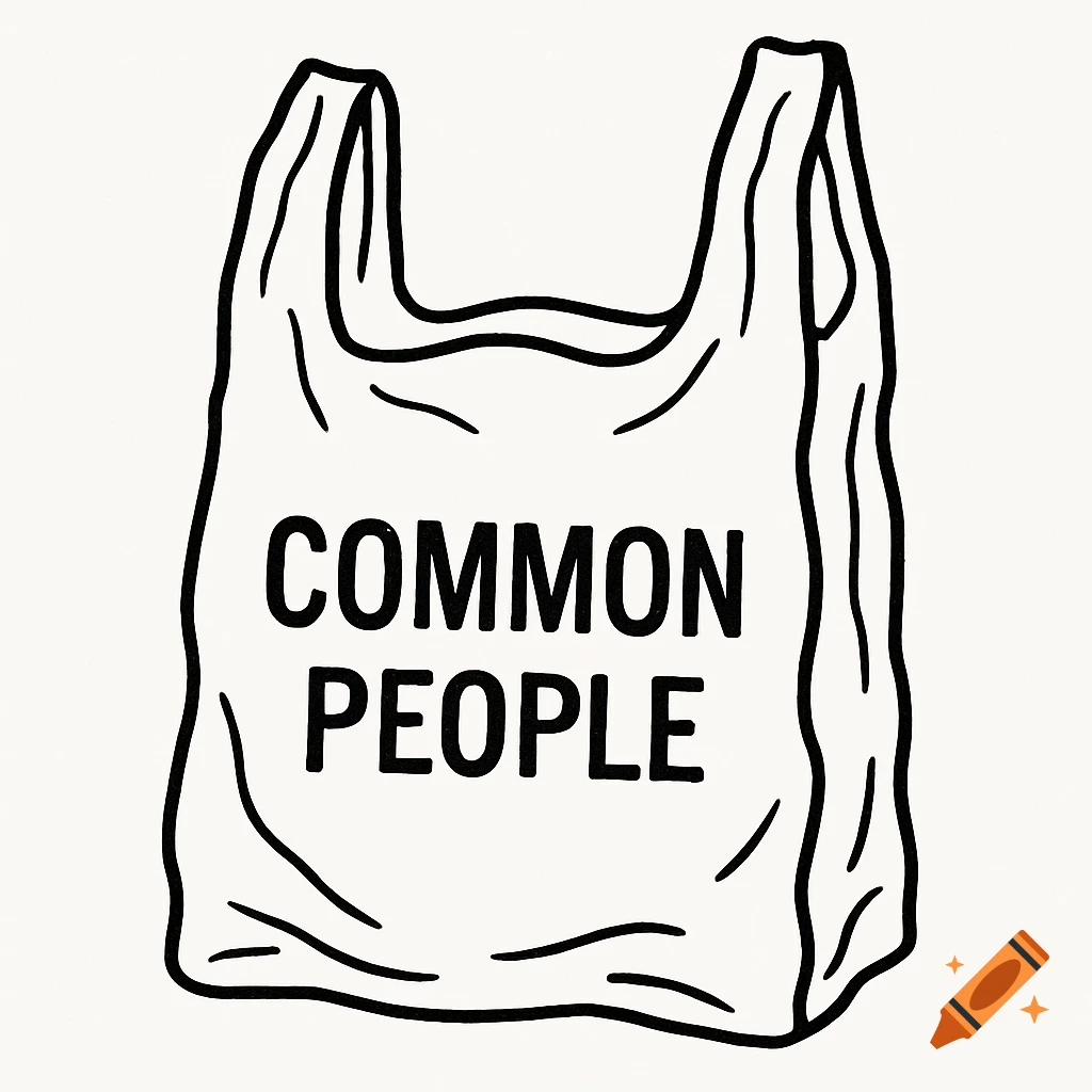 A minimalist 90s style black line drawing of a retro plastic shopping bag with the words COMMON PEOPLE on it.