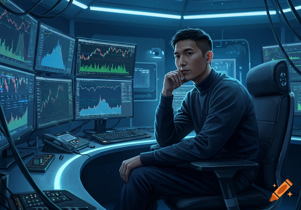 A man sitting at a futuristic desk surrounded by multiple glowing computer monitors displaying financial charts in a dark room.