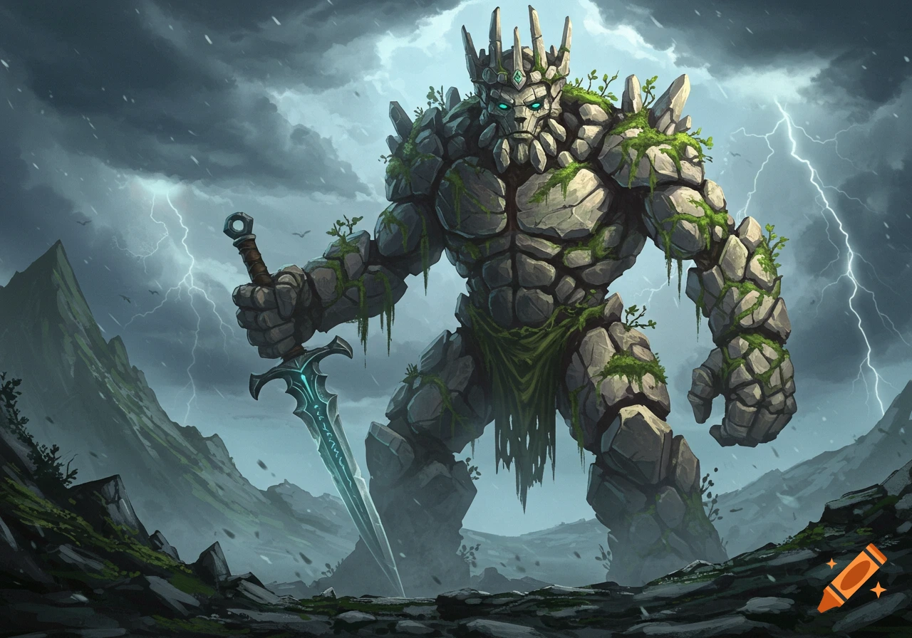 A large, imposing rock elemental with a crown and glowing eyes stands in a stormy mountain landscape, holding a luminous sword.