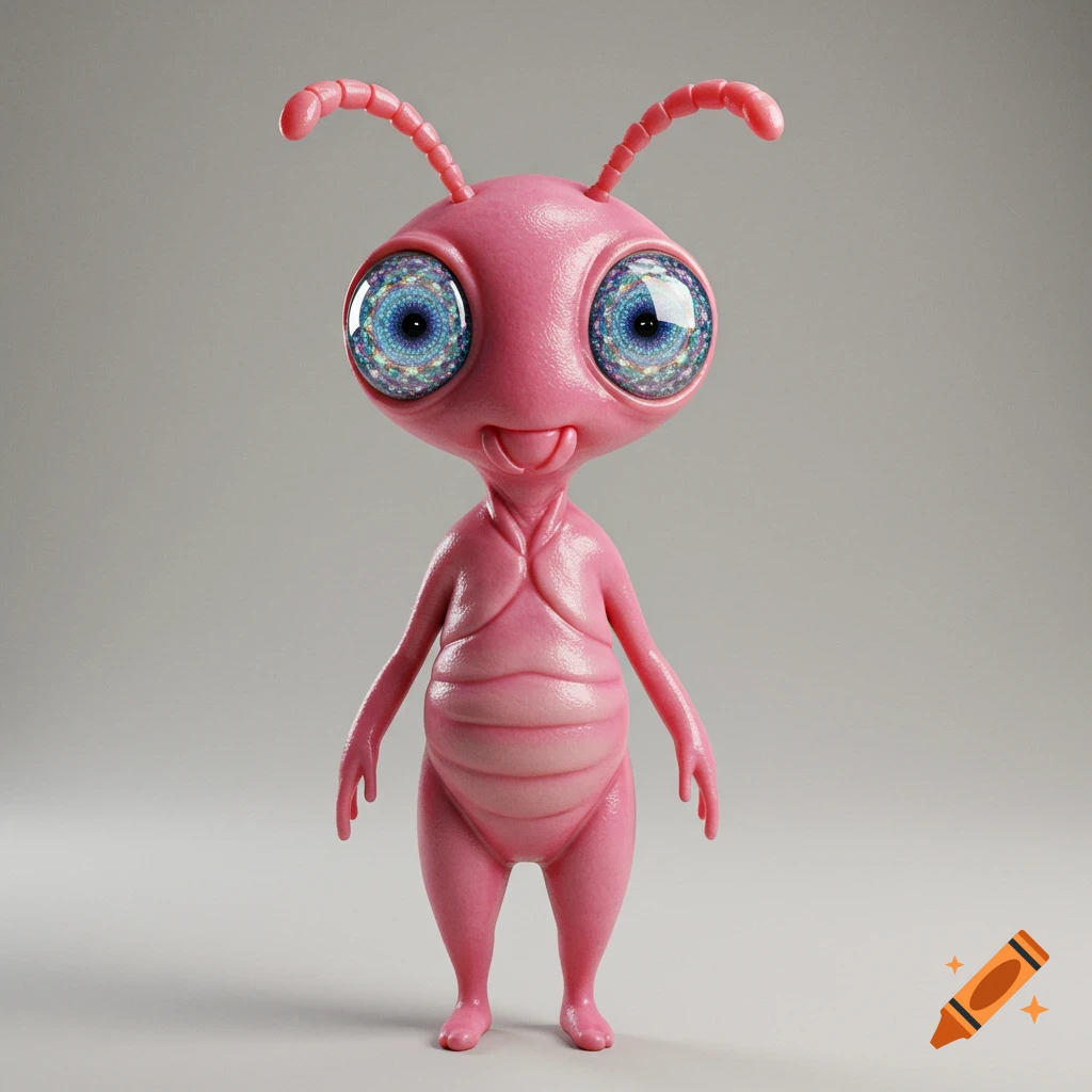 A photorealistic cute pink bug alien with antennas and detailed fractal eyes standing in a T-pose.