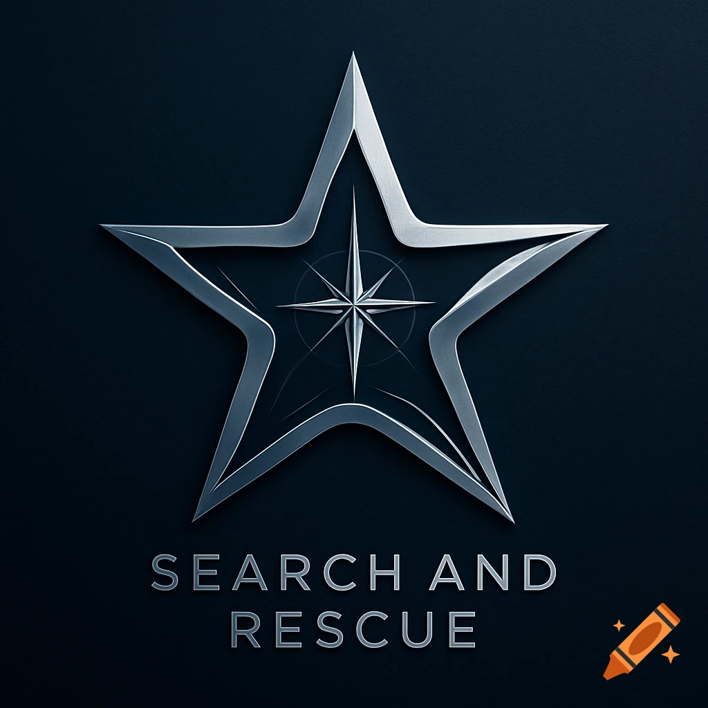 Shiny metallic silver star logo with a compass rose in the center, above "SEARCH AND RESCUE" on a dark background.