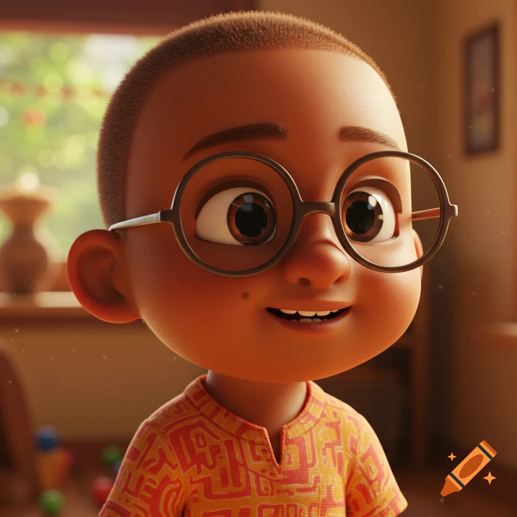 A cute Pixar-style portrait of a brown-skinned bald toddler boy with round glasses and a patterned shirt, smiling in a bright room.