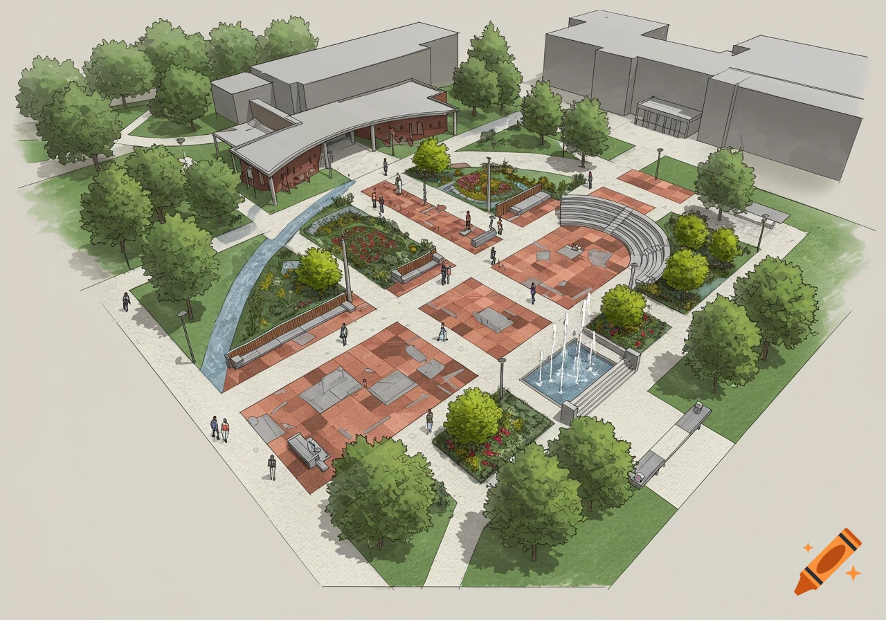 An aerial architectural rendering of a modern university plaza with trees, rectilinear planting beds, a fountain, and buildings.