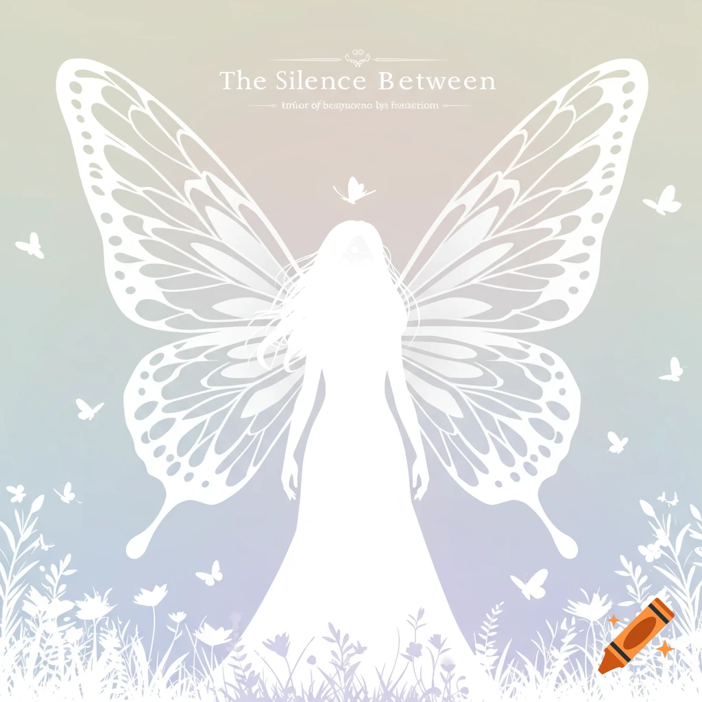 A white silhouette of a woman with large butterfly wings stands in a field of flowers, with text 'The Silence Between' above.
