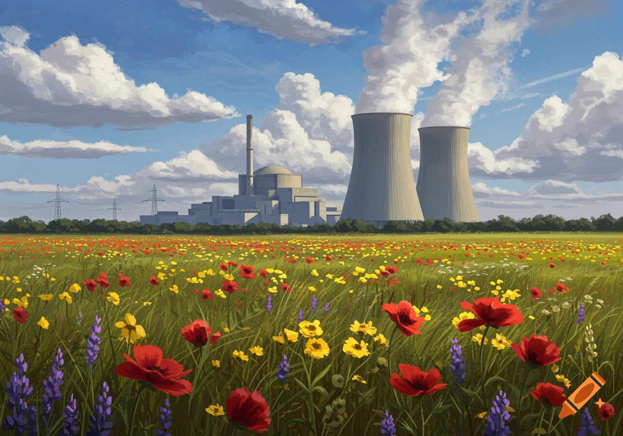 Lush green field with colorful wildflowers in the foreground, with a nuclear power plant under a blue sky and white clouds in the background, illustrated style.