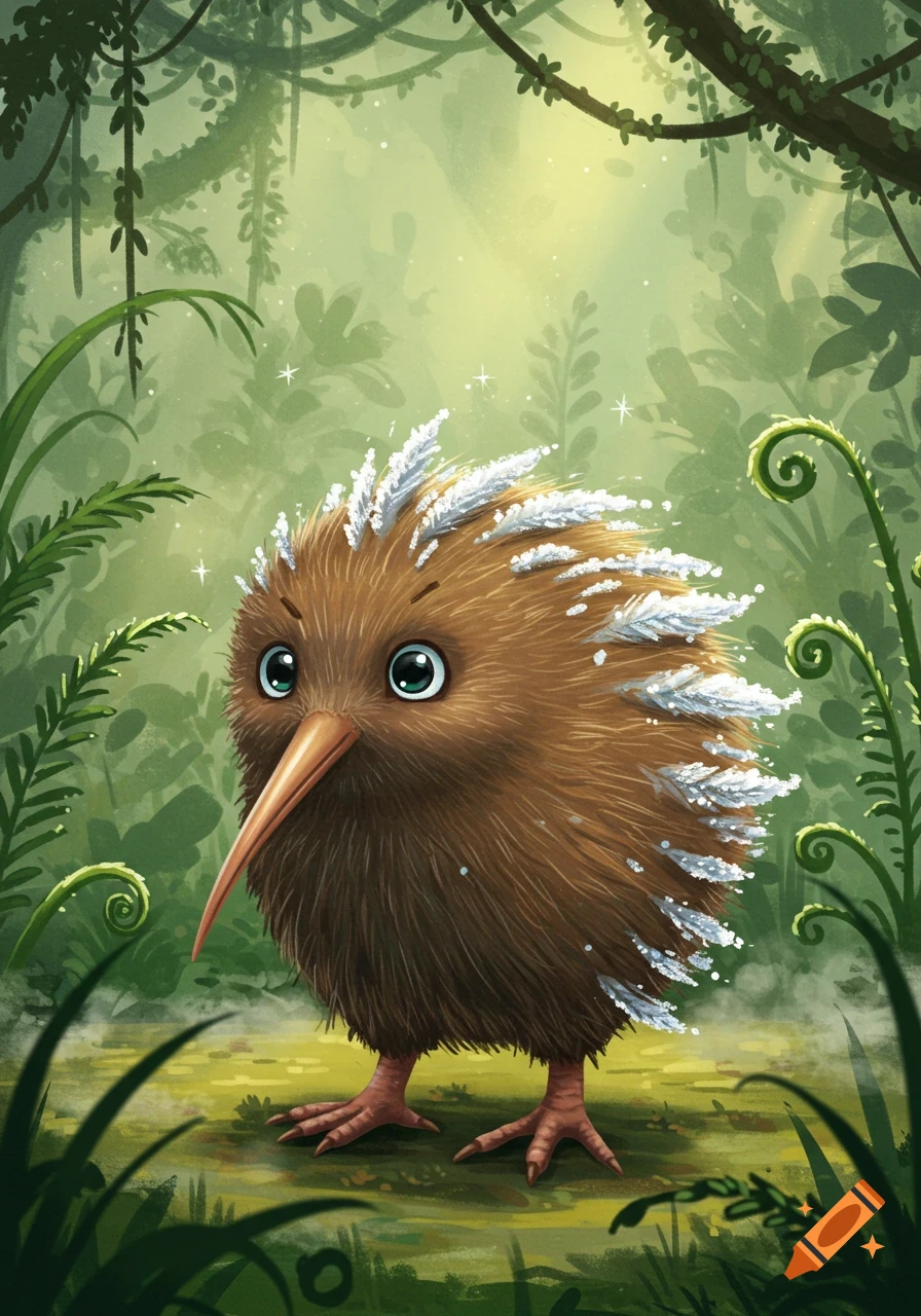 A cute cartoon kiwi bird with white frosted tips stands in a lush, green forest with ferns and sparkling light.