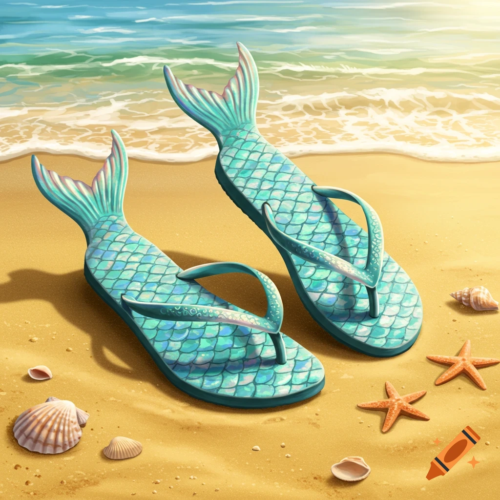 Two teal mermaid-tail flip-flops rest on a sandy beach adorned with seashells and starfish, with the ocean and sky in the background.