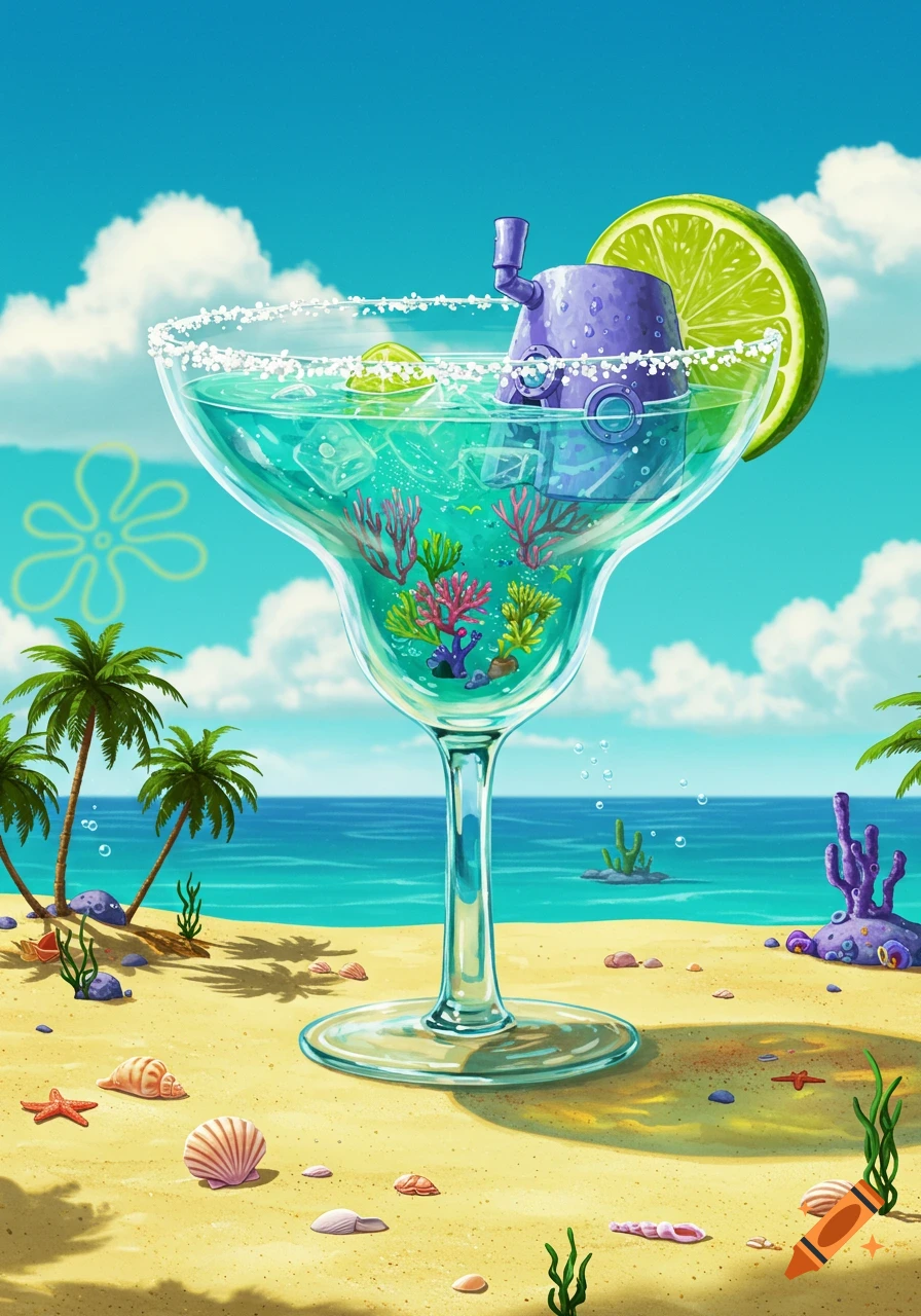 A vibrant cartoon illustration of a giant margarita glass on a sunny beach, containing ice, lime, colorful coral, and a purple submarine-like house.