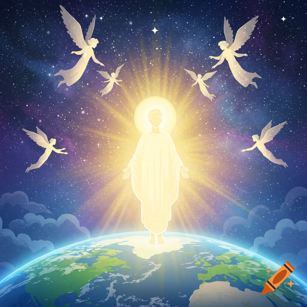 Cartoon illustration of a glowing, haloed divine figure standing on Earth with angels flying in a starry cosmic sky.