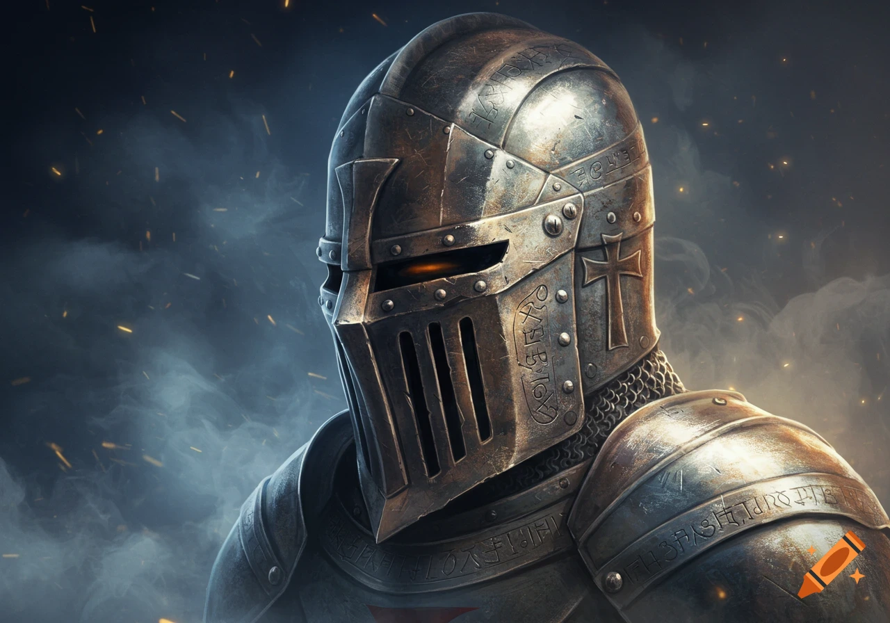 Close-up of a knight's metal helmet with a cross, intricate engravings, and glowing eyes, set against a smoky, dark background.