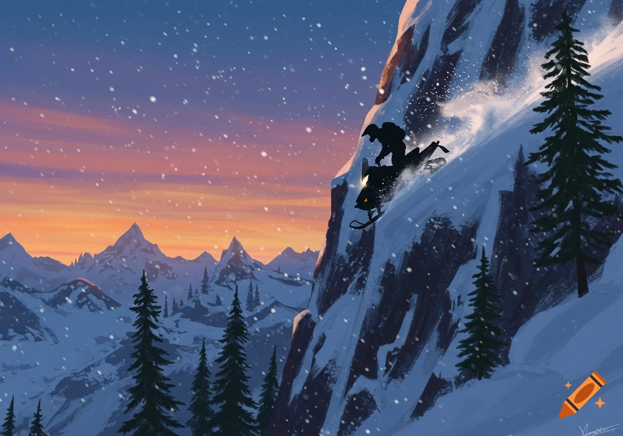 A silhouette of a person on a snowmobile drives up a steep, snowy mountain face under a colorful sunset sky.