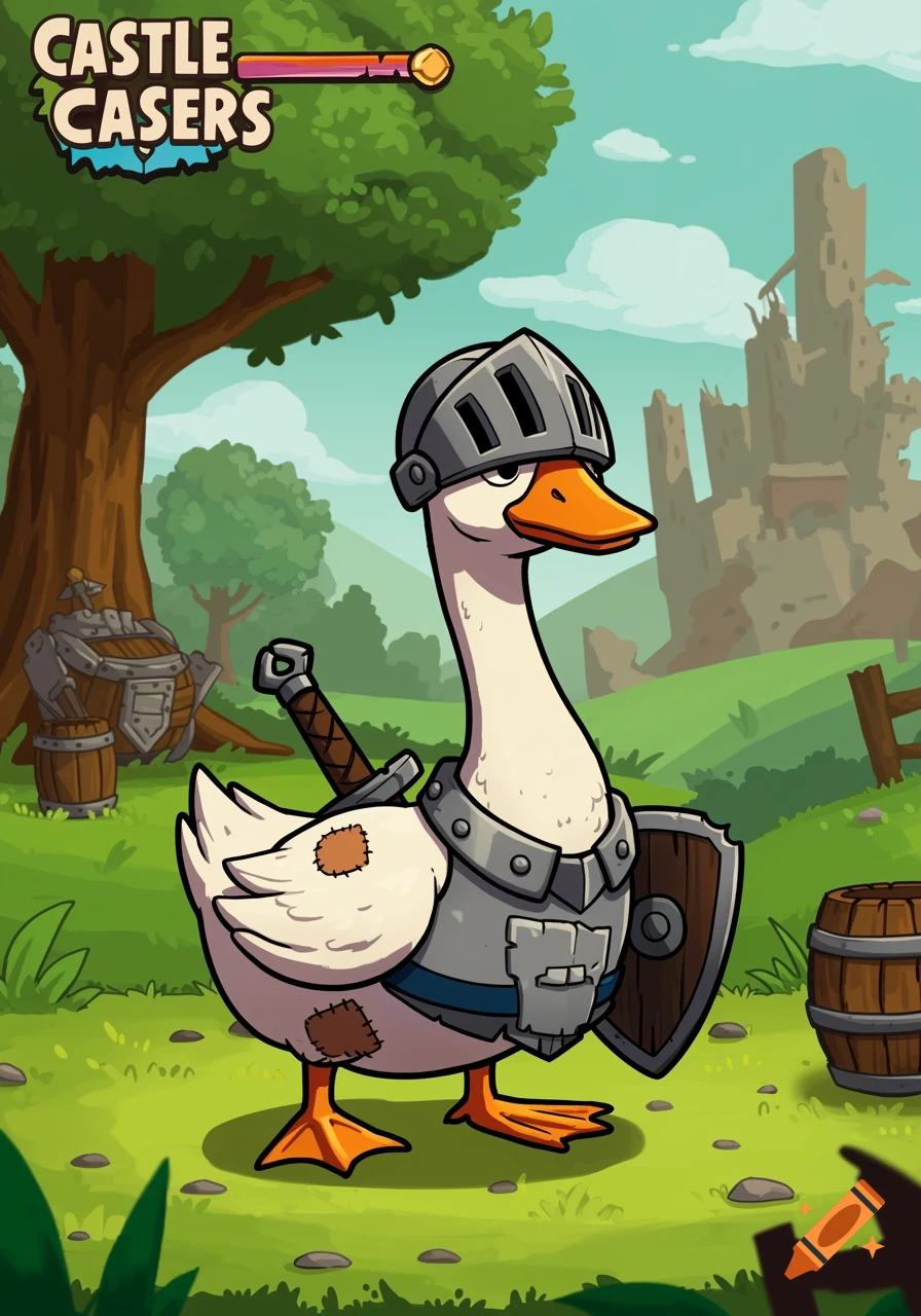 A cartoon goose dressed as a knight, wearing a helmet and armor, holding a shield and carrying a sword. It stands in a grassy field with a large tree and castle ruins under a cloudy sky.