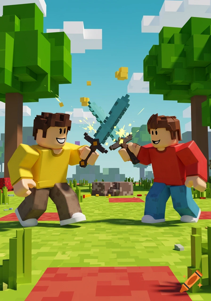 Two Roblox-style block characters clash swords in a vibrant, blocky green landscape with trees and clouds.