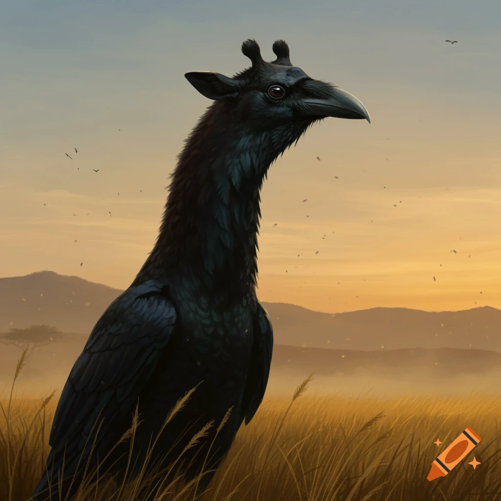 A dark, feathered creature with a giraffe's head and a crow's beak stands in a savanna at sunset.