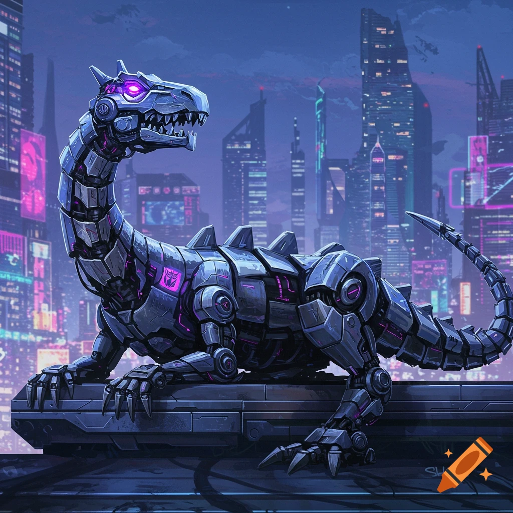 A giant mechanical dinosaur transformer with glowing purple eyes rests on a rooftop, silhouetted against a futuristic city with neon lights at dusk.