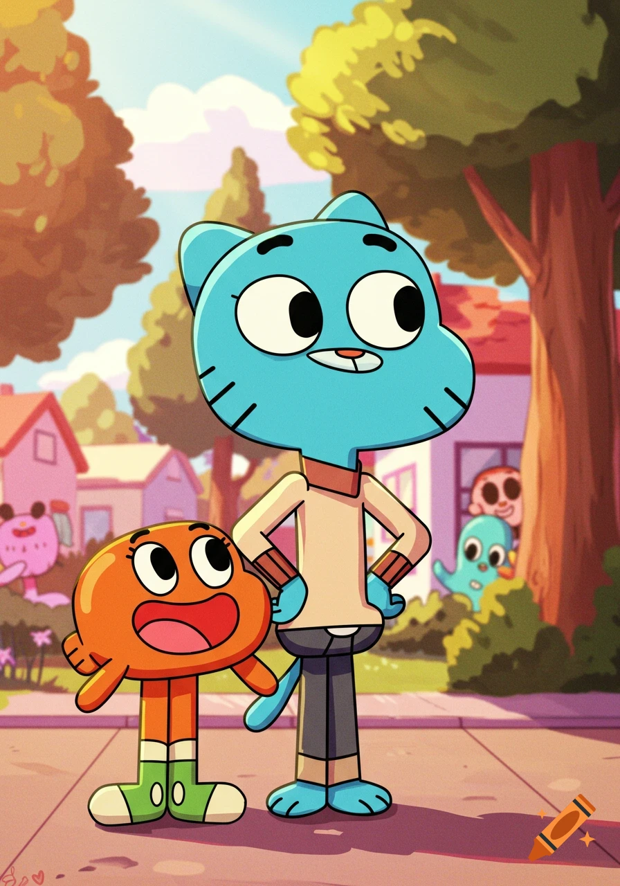 Gumball and Darwin stand together on a suburban street, with other characters visible in the background, in a bright cartoon style.