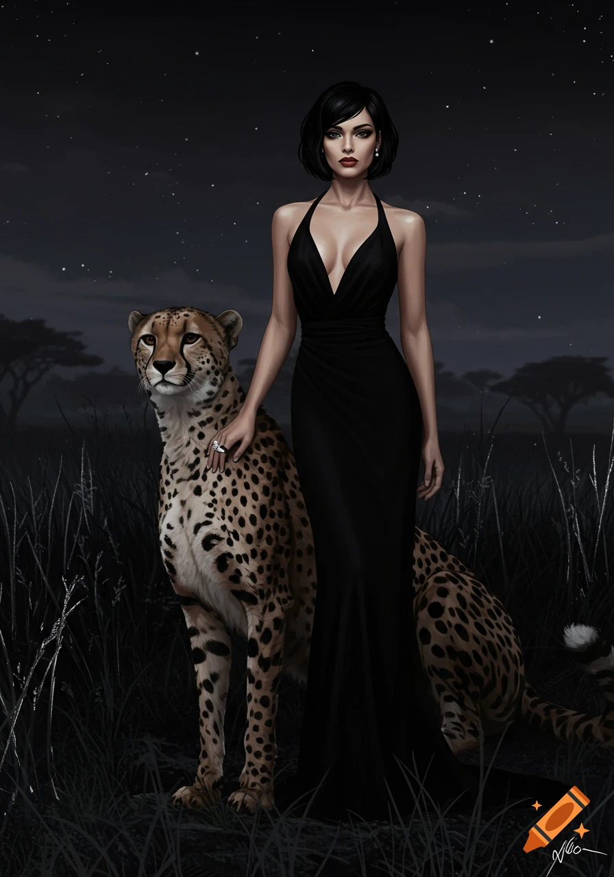 Elegant woman in a black dress stands next to a cheetah under a starry night sky.