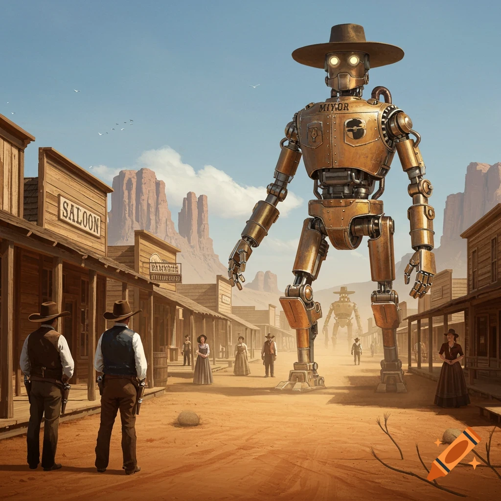 Giant steampunk robots and cowboys in a dusty Old West town street with a saloon and bank under a clear sky.