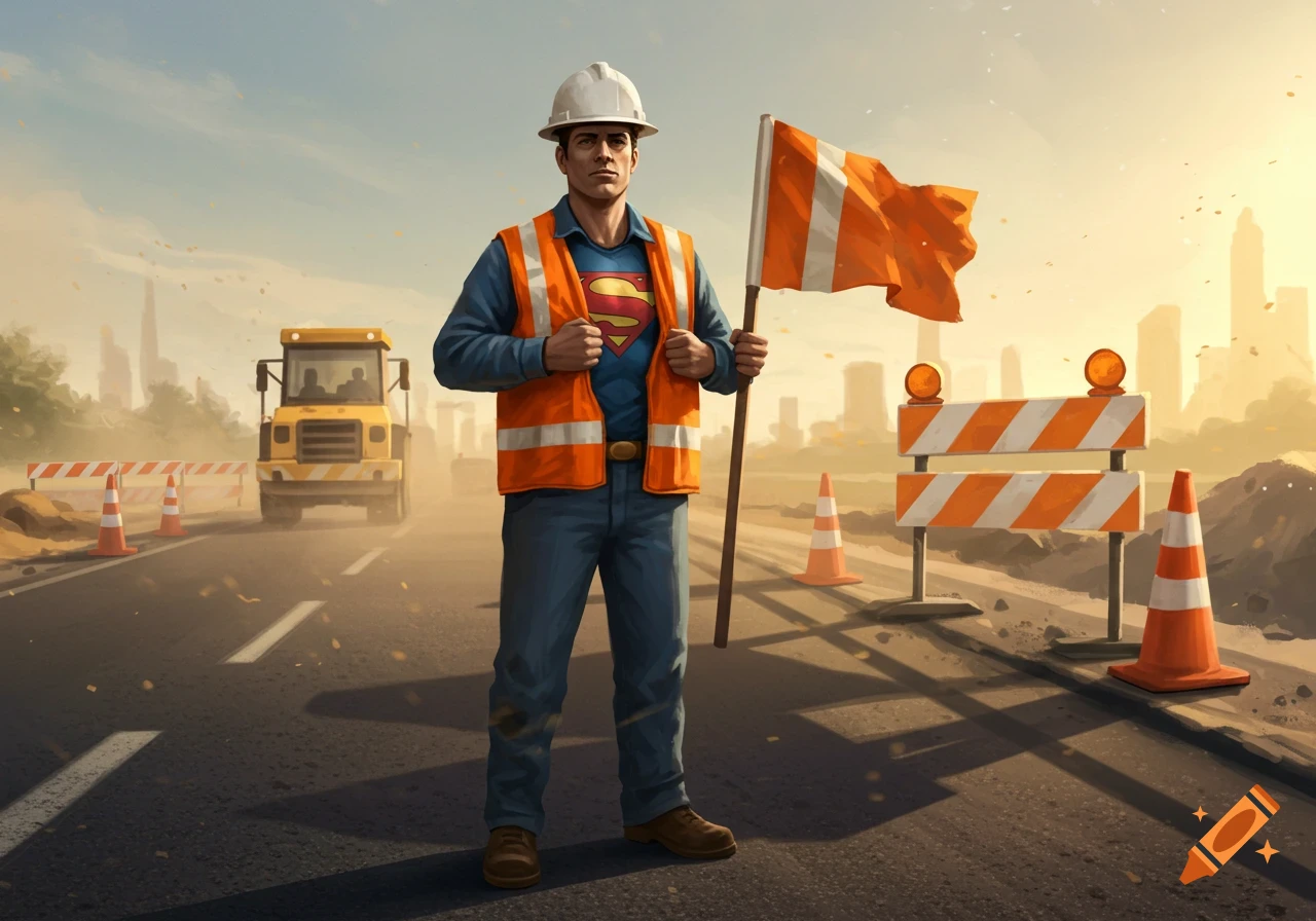 A man in a hardhat and safety vest reveals a Superman 'S' logo, standing on a road with construction equipment.