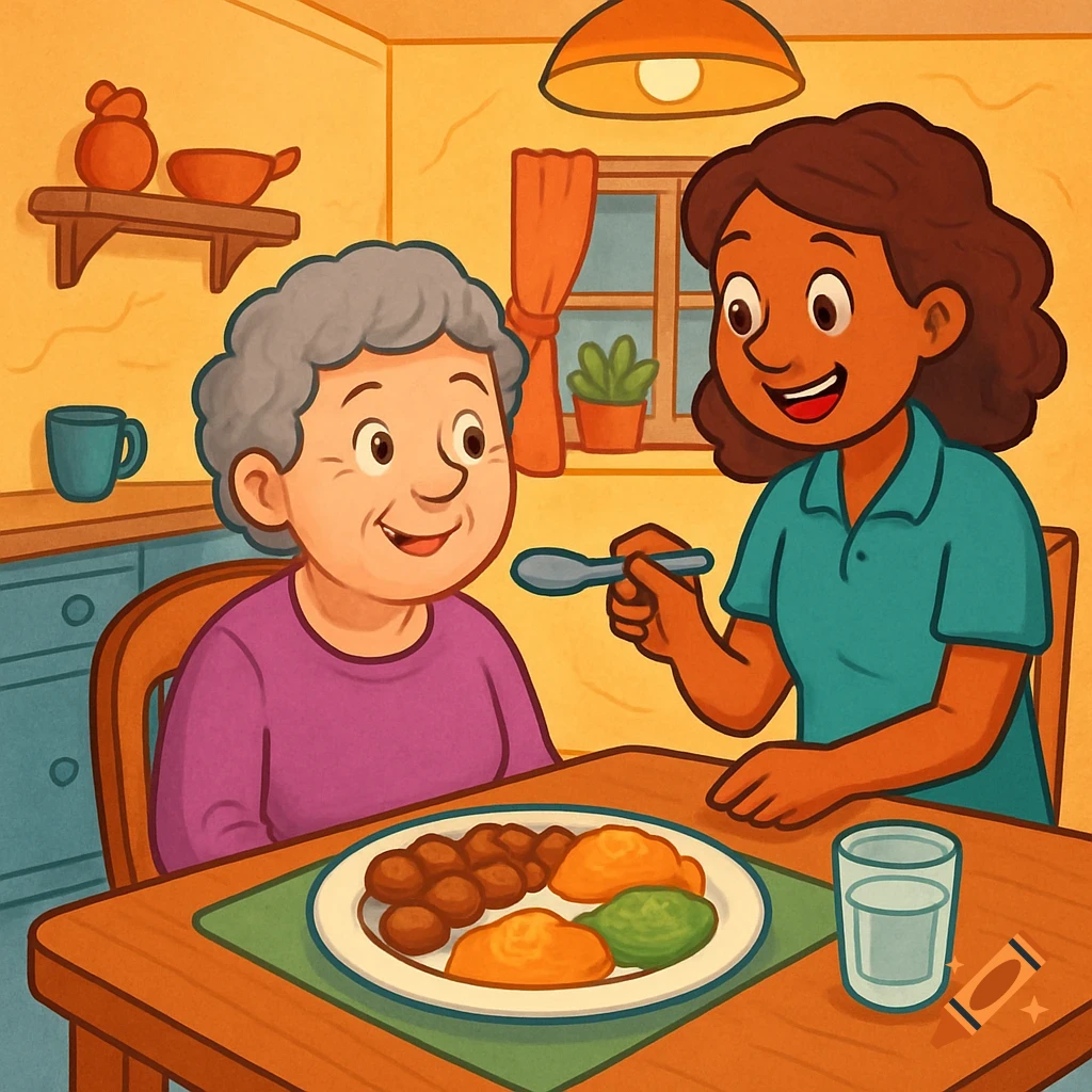 A cartoon illustration of a caregiver feeding an elderly woman at a dining table.