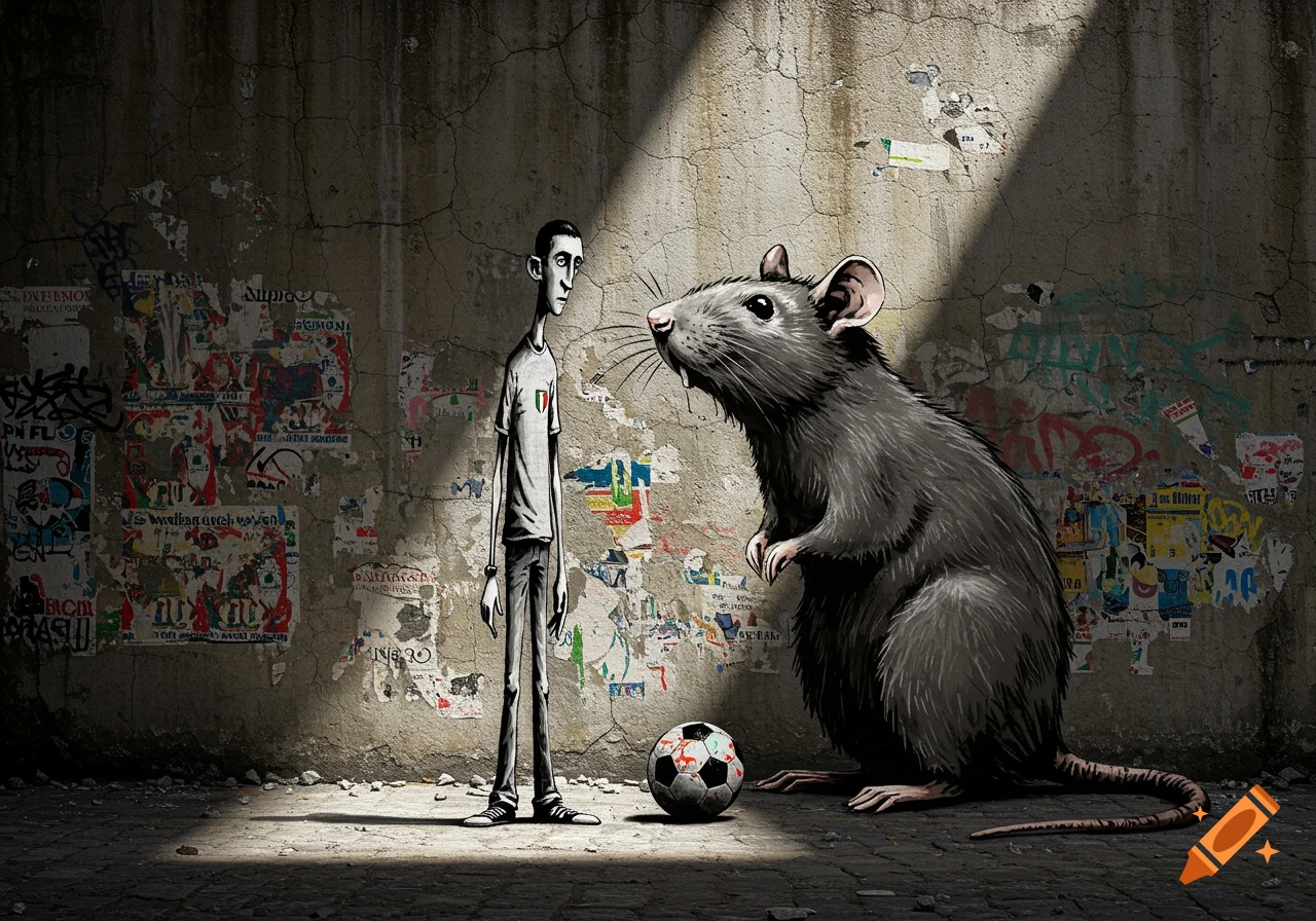 A tall, skinny man with an Italian flag on his shirt stands opposite a giant rat next to a soccer ball, in a dark, grimy alley with graffiti-covered walls, in the style of Banksy.