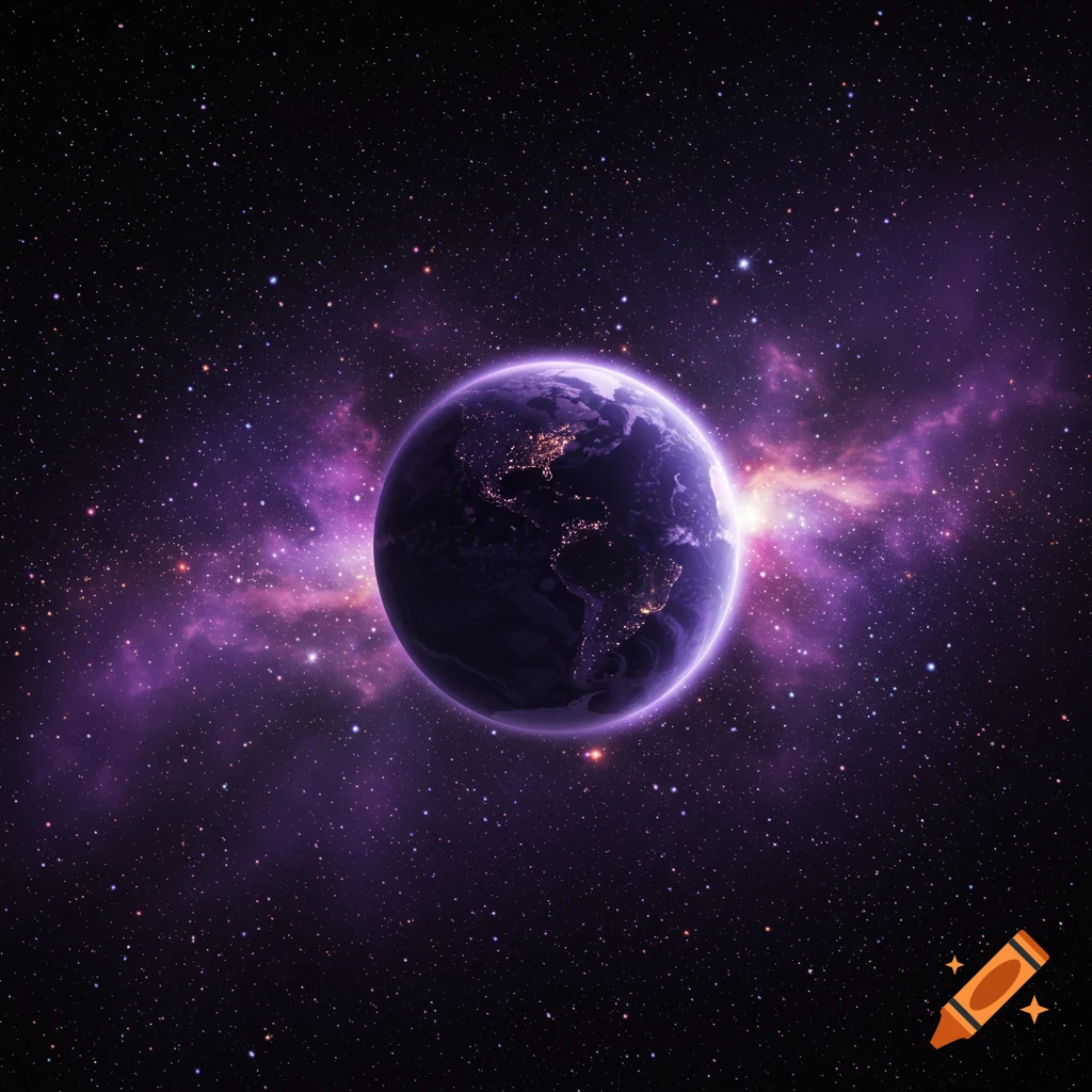 A purple-hued planet with visible city lights glowing against a backdrop of stars and vibrant purple nebulas in space.