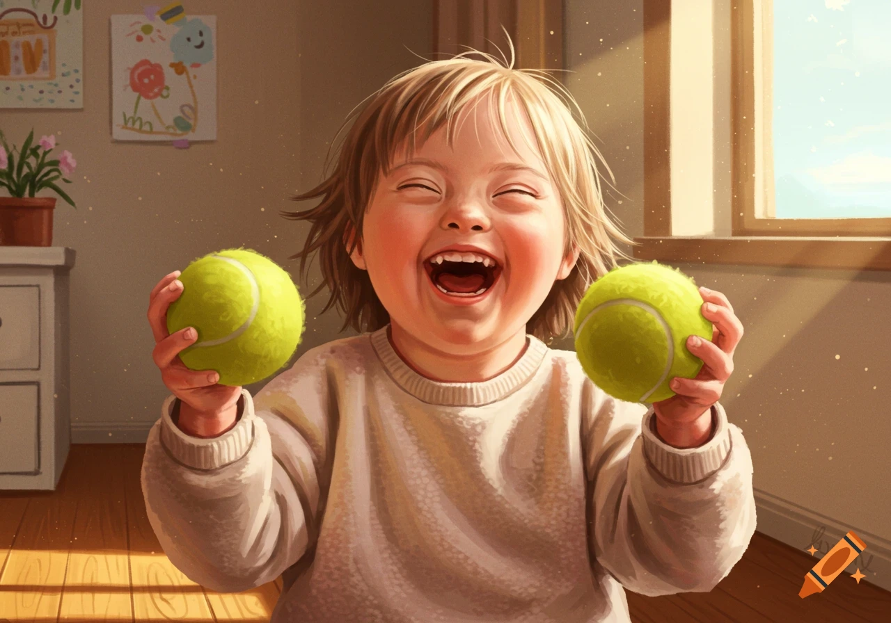 Joyful child with Down syndrome holding two tennis balls and laughing in a sunlit room, illustration style.