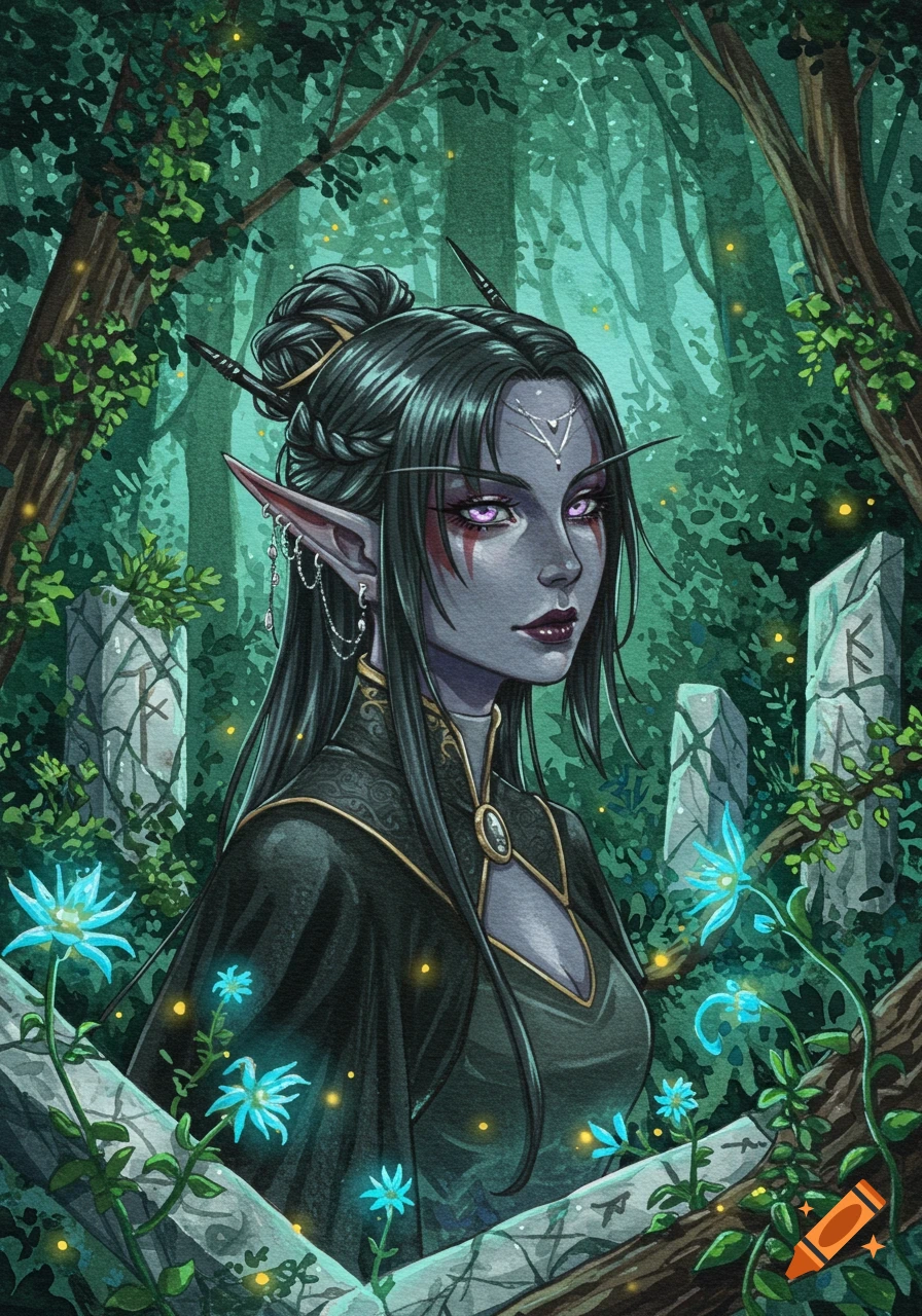 A watercolor portrait of an anime dark elf in a mystical forest with glowing blue flowers and fireflies, stone ruins visible in the background.