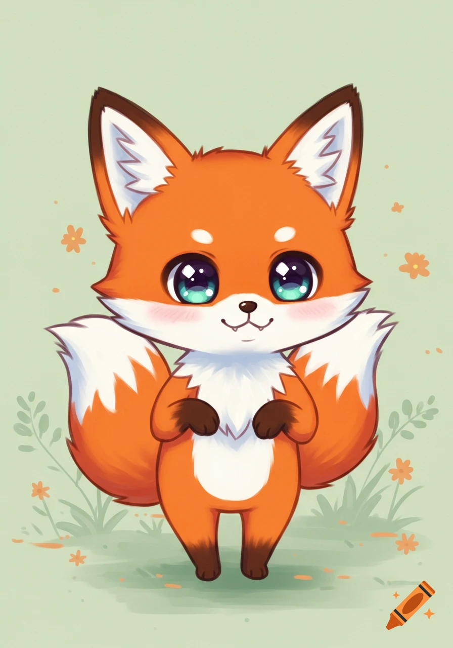 A cute anime chibi fox with large, sparkling eyes stands against a light green background with small flowers and plants.