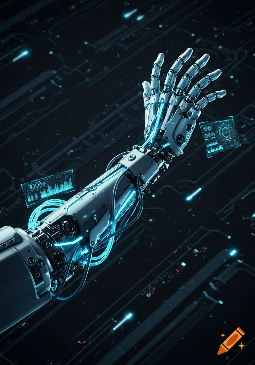 Close-up of a detailed cybernetic arm with glowing blue wires against a dark, circuit board background.