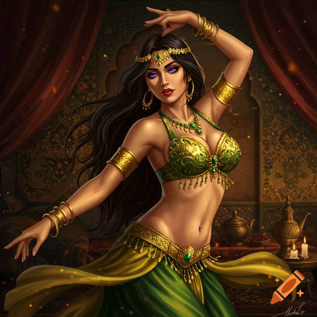A gorgeous Persian woman in a gold and green belly-dancer dress with red lips and purple eyes, striking a pose.