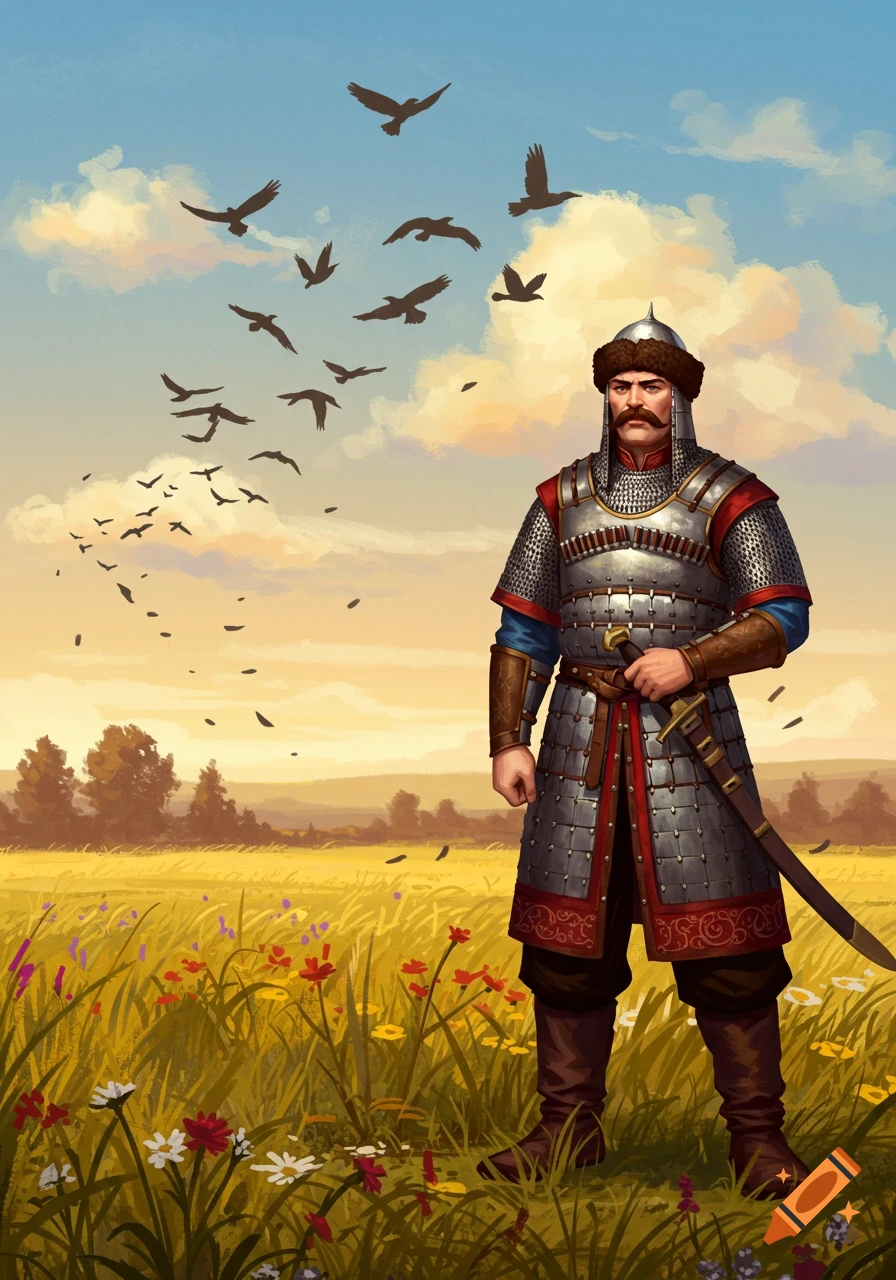 An illustrated portrait of a Kyivan Rus kozak warrior in full armor standing in a wildflower field with birds flying overhead.
