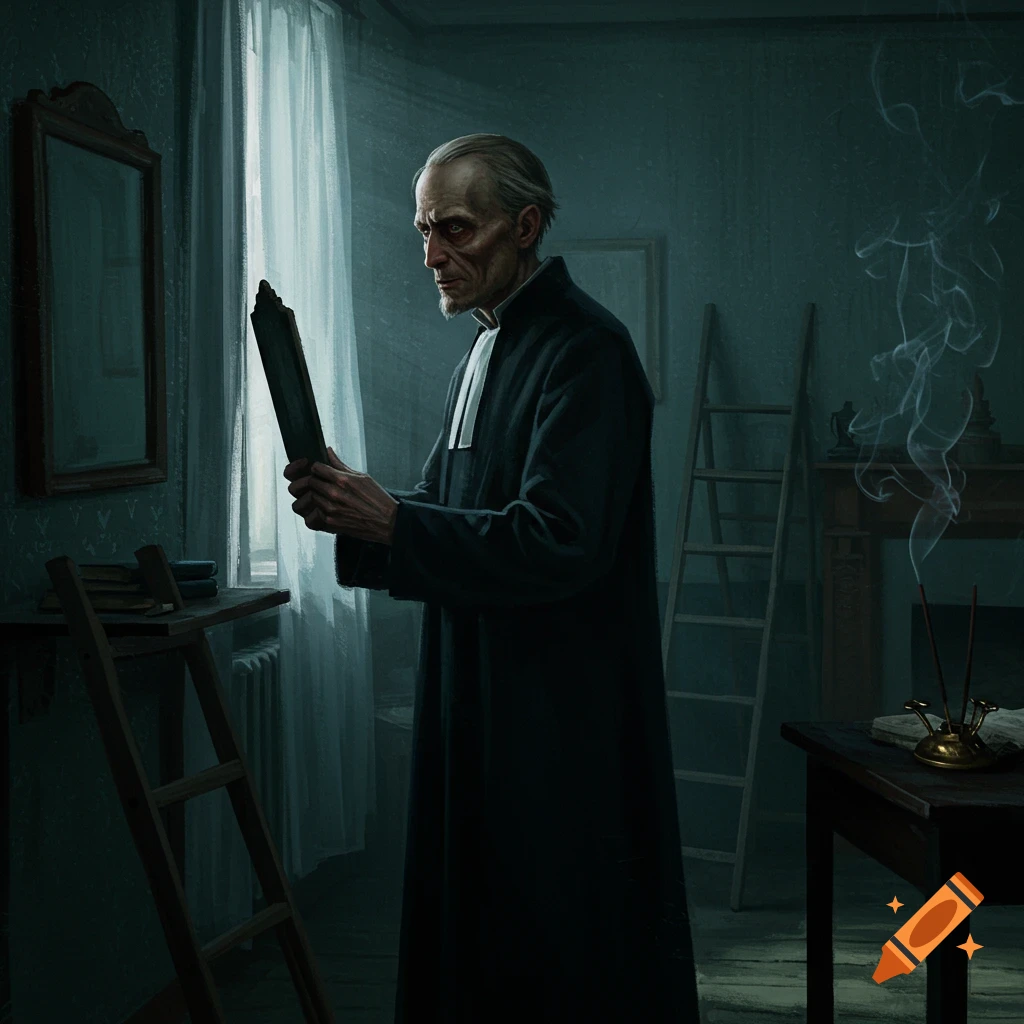 A gaunt, elderly man in dark clerical robes holds a slate in a dimly lit, gothic room with smoke from an incense burner.