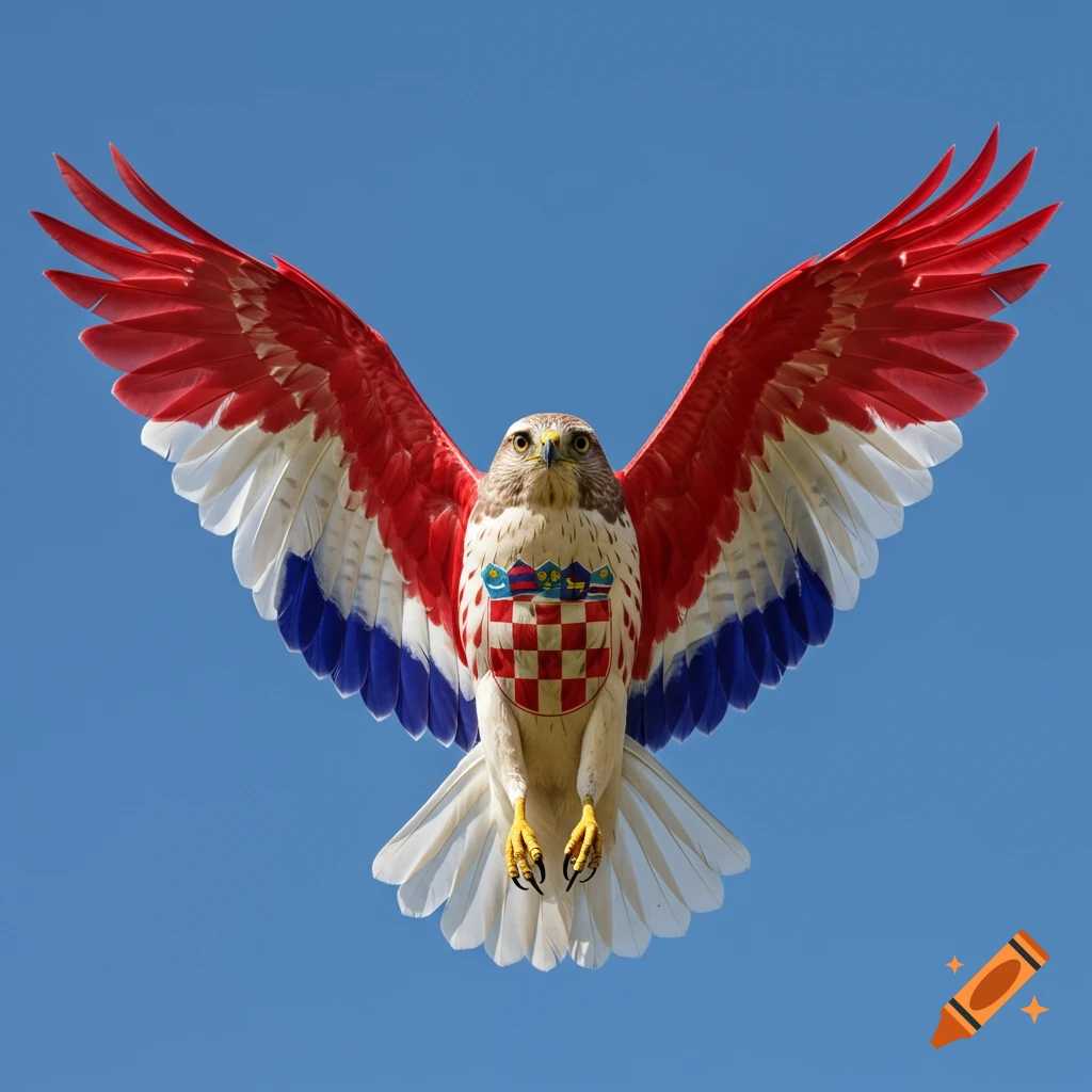 A hawk with its wings and body patterned like the Croatian flag, flying against a clear blue sky.