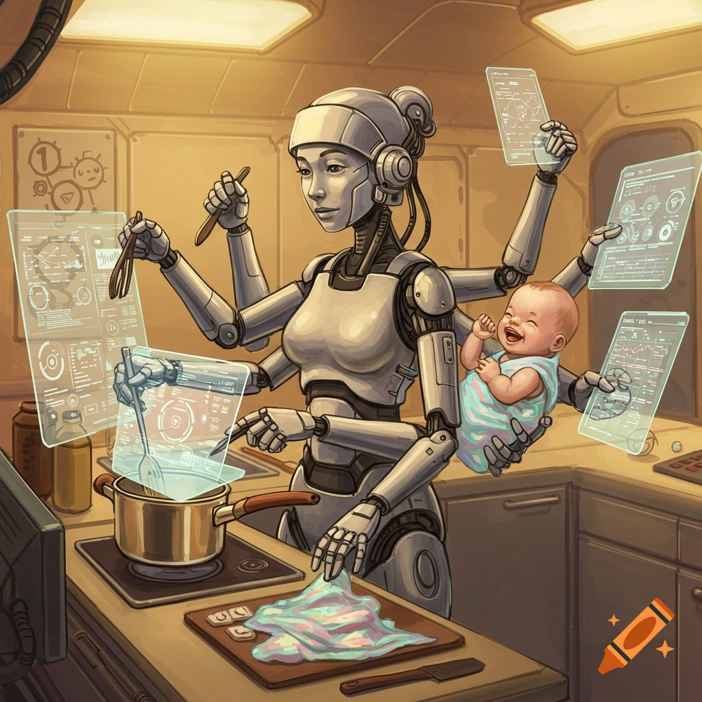 A multi-armed robot in a kitchen multitasking, holding a baby, stirring a pot, and interacting with holographic screens. Illustration style.