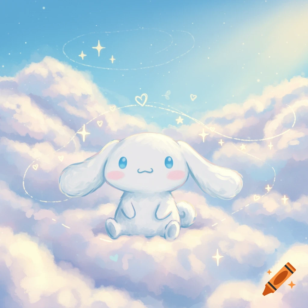 A cute white Cinnamoroll character with blue eyes and pink cheeks sits on fluffy clouds in a light blue sky with stars and hearts.