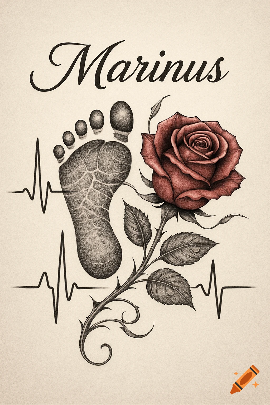 Sketch-style tattoo design with a baby footprint, a red rose, an ECG line, and the name 'Marinus'.