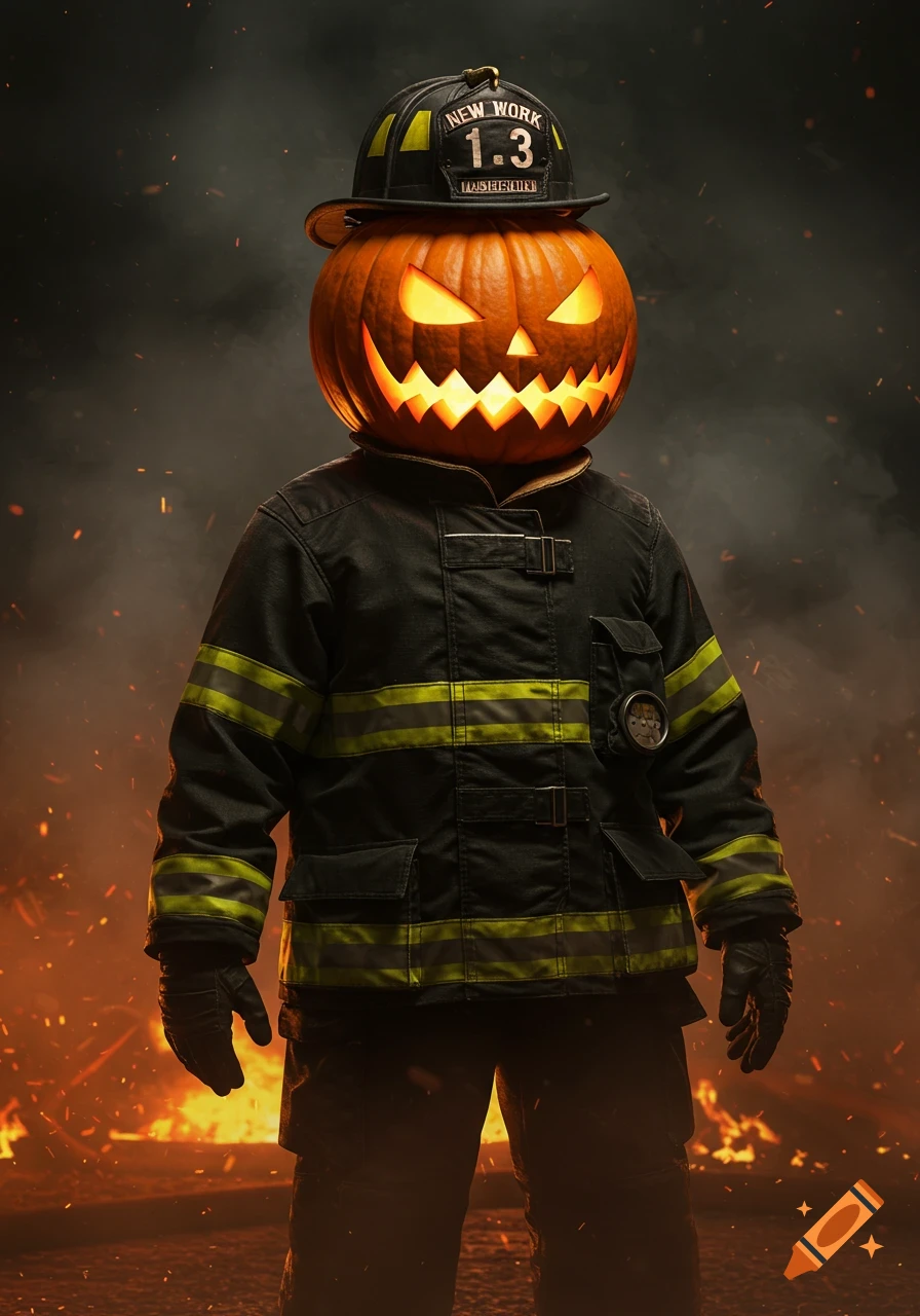 Photorealistic image of a person with a glowing jack-o'-lantern head wearing a firefighter suit in a smoky, fiery setting.
