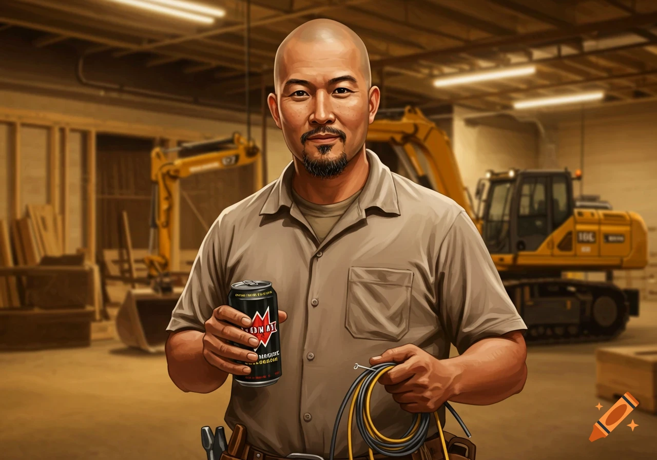 A bald man with a goatee in a work shirt holds an energy drink and electrical wires in an illustrated construction warehouse with excavators.